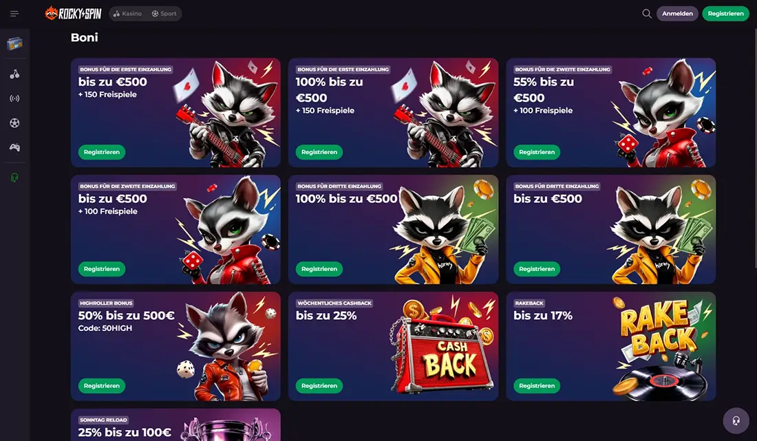 Rockyspin Casino Willkommensbonus und Aktionen